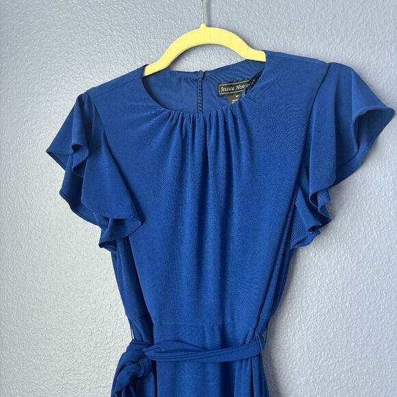 Women's Jessica Howard Dress Midi Tie Around Waist High Neck Short Sleeve Blue - Picture 4 of 9